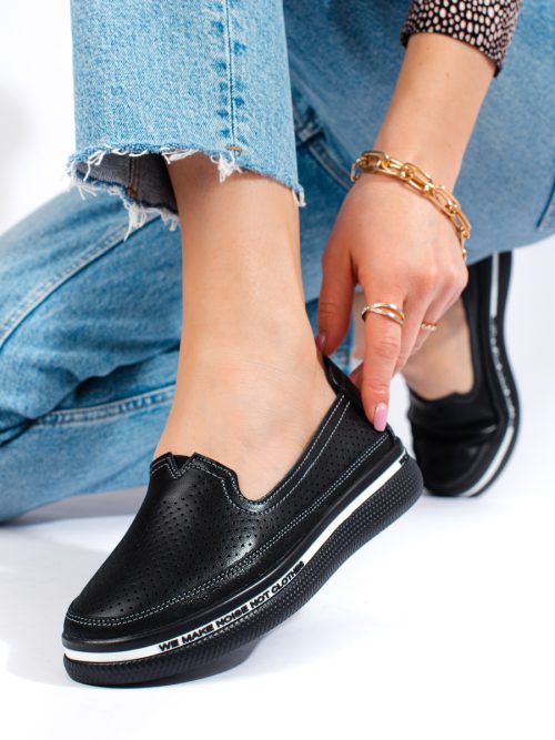 Shelovet juodi odiniai ažūriniai batai storu padu Įmaunami batai pavasariui/vasarai/rudeniui 2Batai.LT - el.parduotuvė avalynės