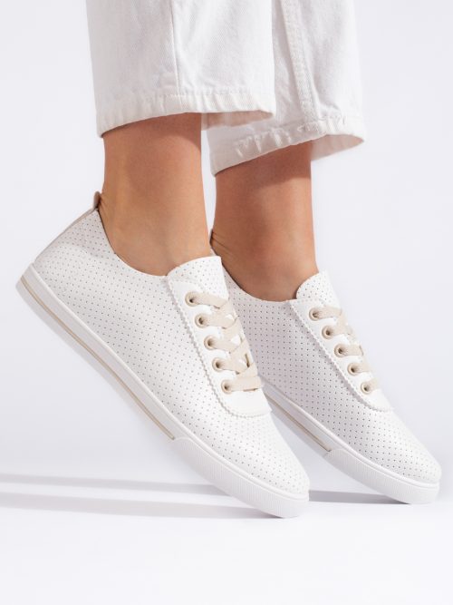 Moteriški balti ir smėlio spalvos ažūriniai sportbačiai Moteriški batai 2Batai.LT - el.parduotuvė avalynės